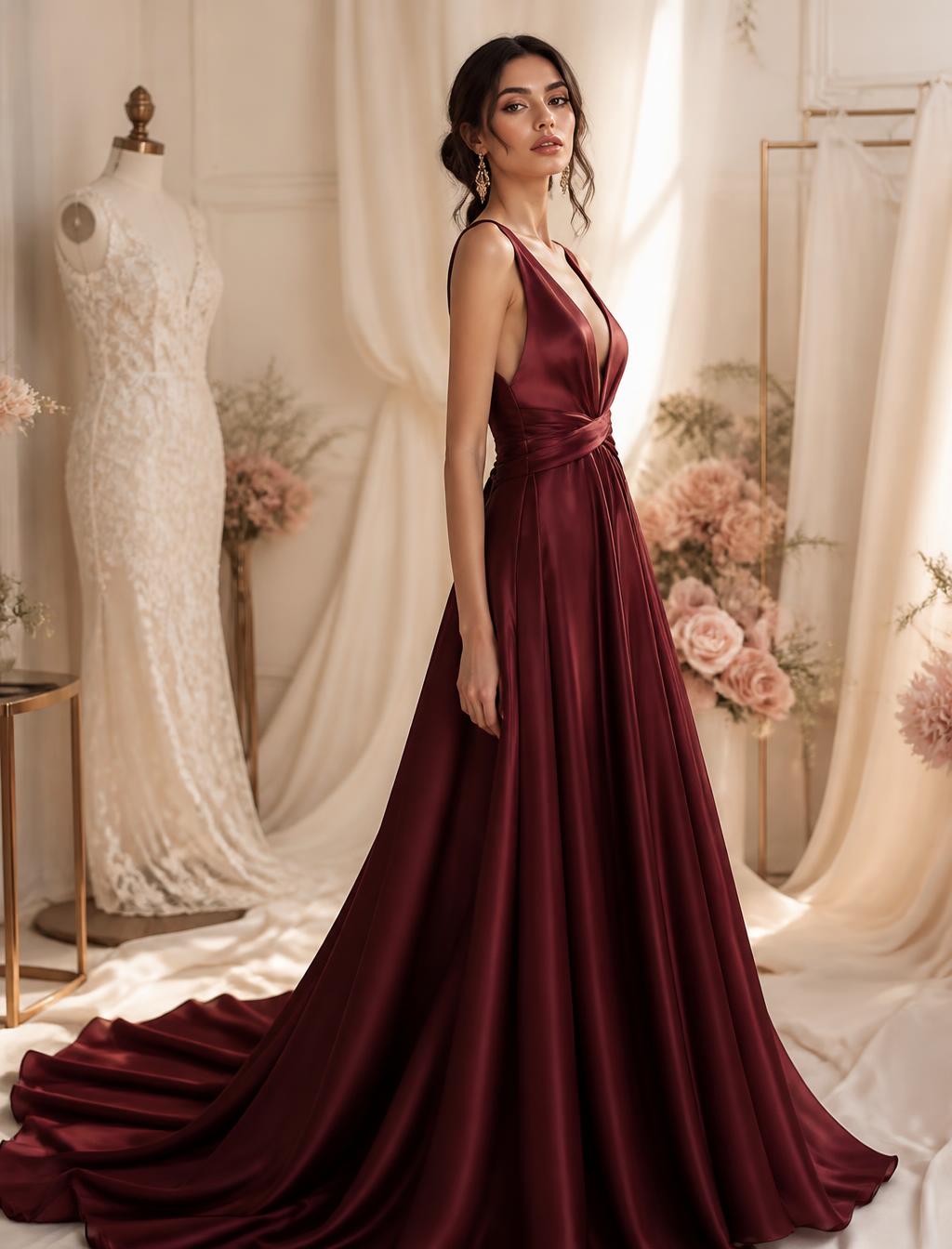 Model wearing a flowing deep burgundy STARLISSE evening gown in a cream atelier